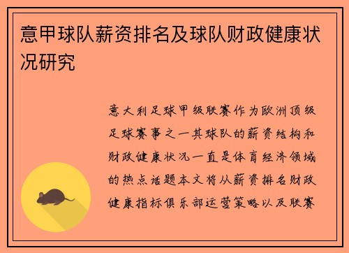 意甲球队薪资排名及球队财政健康状况研究